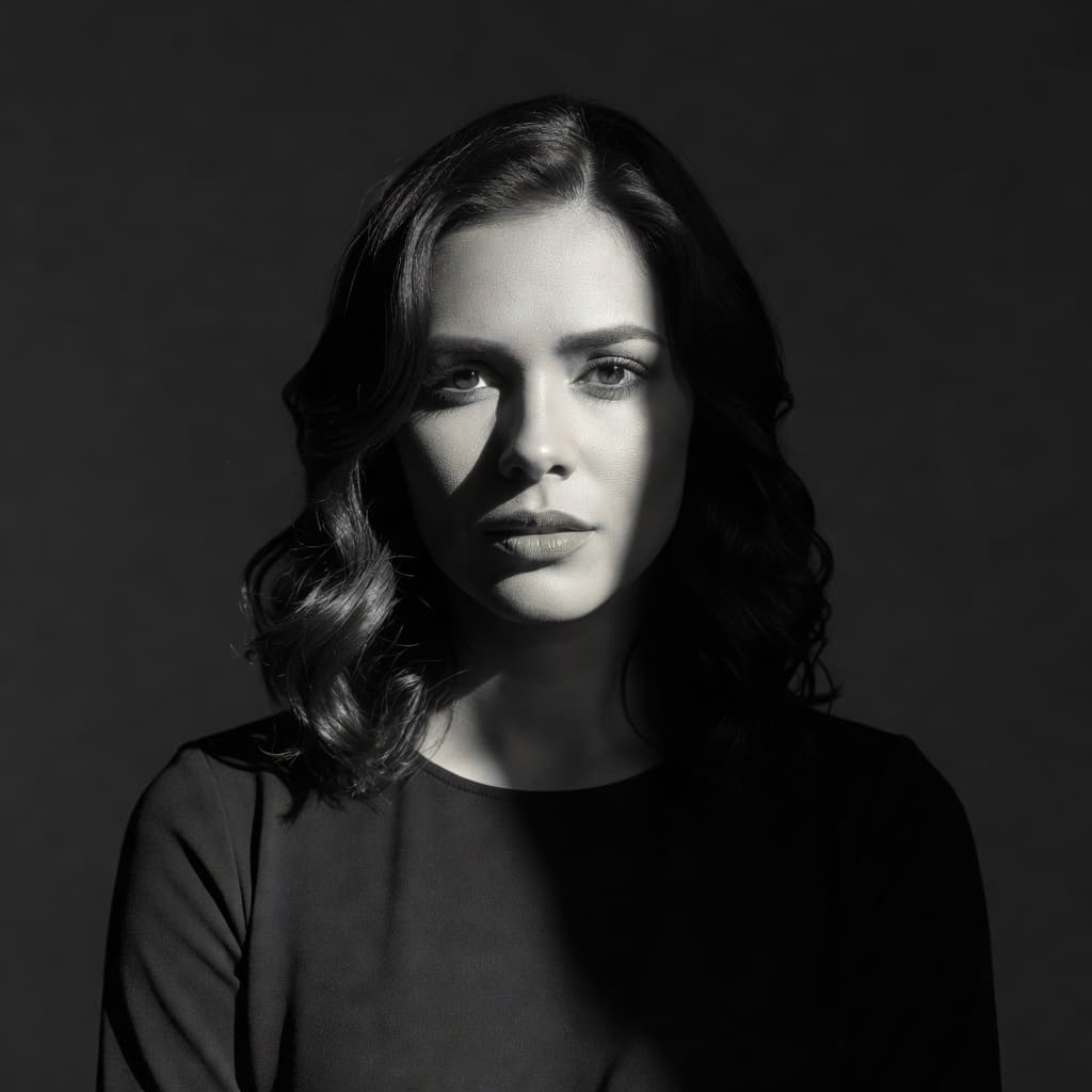 Monochrome Editorial AI portrait example created with SelfAI – AI Photo Studio