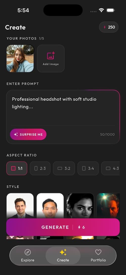 SelfAI AI Photo Studio app screen 2 — AI headshot generation interface