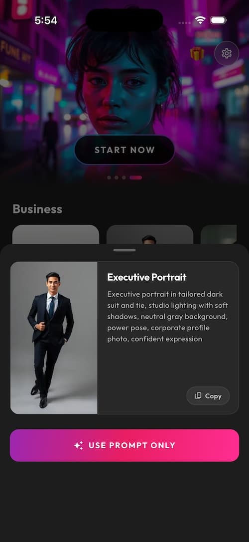 SelfAI AI Photo Studio app screen 3 — AI headshot generation interface
