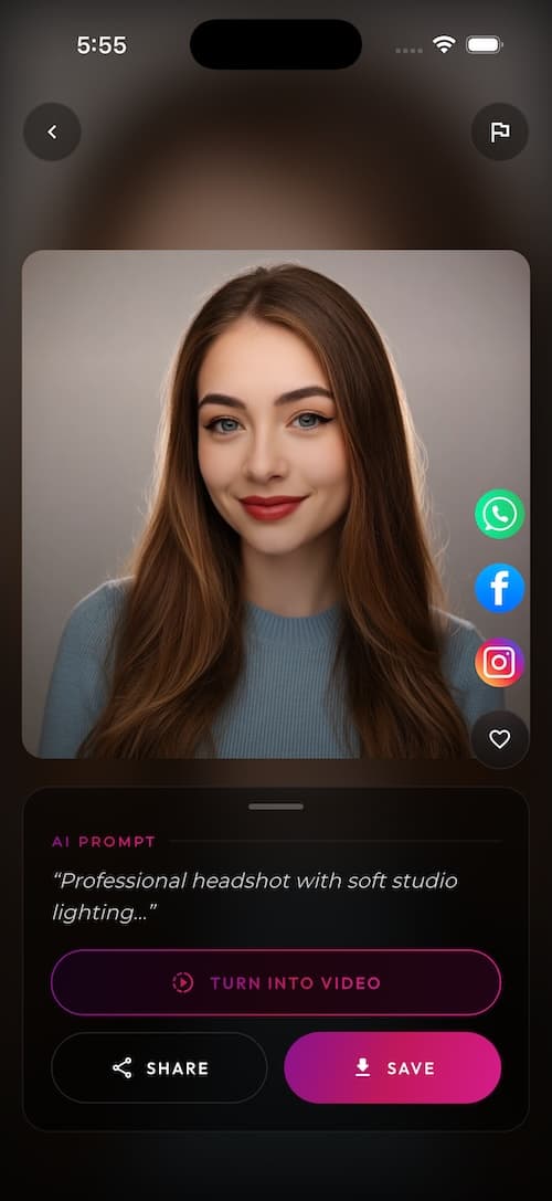 SelfAI AI Photo Studio app screen 4 — AI headshot generation interface